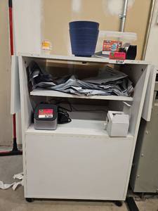 lot 7167 image: Assorted Lot Including Work Table W Extendable Arms, Box of Hangers, and Glass Display Case