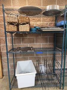lot 6588 image: Contents of Shelf Including Wicker Baskets, Serving Platters, and More