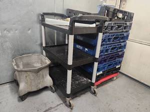lot 6607 image: Assorted Lot W Bimbo Crates and 3-Tier Utility Cart