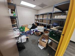 lot 6626 image: Contents of Room Including Industrial Shelving, Canopy, Wooden Baseball Bats, and More