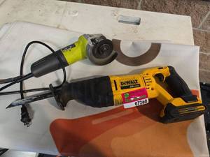 lot 7260 image: DeWalt DCS381 20V Reciprocating Saw with Ryobi AG4031G Angle Grinder