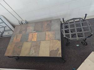 lot 7280 image: Slate Tile Coffee Table and Cast Iron Stand