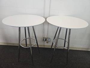 lot 7287 image: Modern White Round Bar Tables with Chrome Base - Set of 2