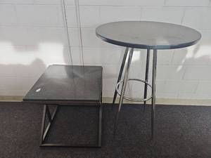 lot 7289 image: Modern Round Chrome Bar Table and Side Table