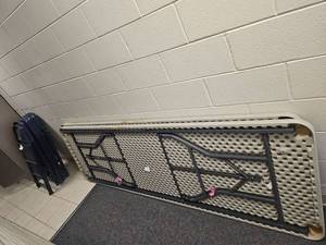 lot 7290 image: Assorted Lot W (2) 8ft Folding Tables and (5) Metal Folding Chairs