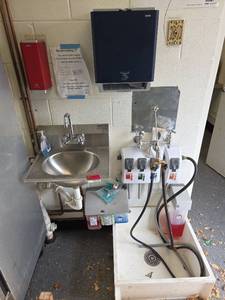 lot 7358 image: Commercial Wall-Mount Hand Washing Station with Soap Dispensers, Chemical Dispensers and More