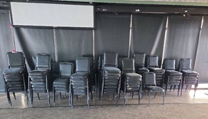 lot 9010 image: Bulk Lot of Black Padded Chairs with Metal Base