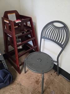 lot 9017 image: (2) Winco Wooden High Chairs and (1) Emu Coupole Metal Chair