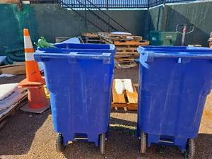 lot 2523 image: Bulk Lot of Blue Garbage Bins with Traffic Cones and Pallets