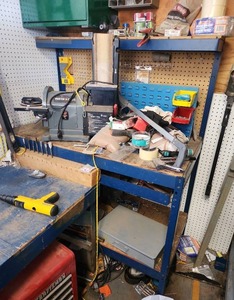 lot 2551 image: Contents of Shelf Including Porter Cable Drill Press, Workshop Storage, and More