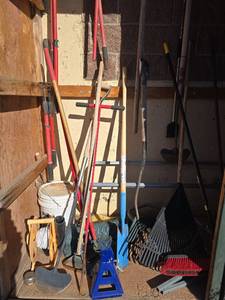 lot 2566 image: Bulk Lot of Lawn Care Items W Rakes, Brooms, and More