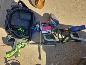 lot 2609 image: Assorted Lot W Tool Belt, Kobalt Jacks, Air Compressor Accessories, and More