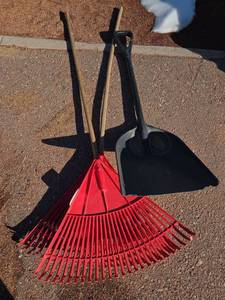 lot 2632 image: Lawn Tools Including Red Leaf Rakes and Black Shovel