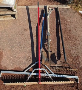 lot 2633 image: Lawn Tools Including Rakes and Shovels