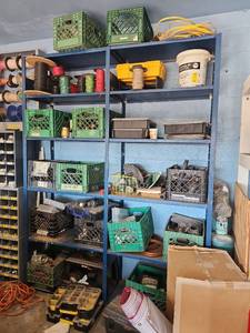 lot 2639 image: Industrial Storage Shelving with Milk Crates and Wire Spools