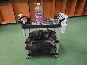 lot 2704 image: Rolling Janitorial Supply Cart - Contents Included
