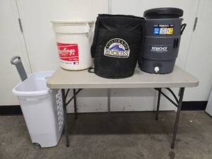 lot 2760 image: Assorted Lot W Folding Table, Water Cooler, and More