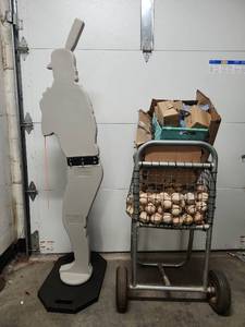 lot 2786 image: Assorted Lot W Baseball Cart, Baseballs, Designated Hitter Pitching Dummy and Baseball Belts