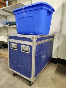 lot 2791 image: Assorted Lot W Utility Trunk, Baseball Belts, Batting Helmets, and Blue Tote