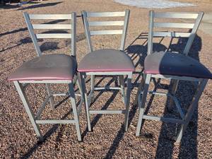 lot 6692 image: Metal Bar Stools with Burgundy Cushions - Set of 3