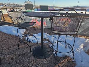 lot 6694 image: Black Metal Patio Set with Round Table