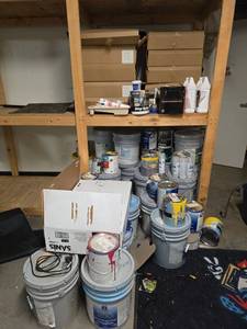 lot 6712 image: Bulk Lot of Commercial Supplies W Paint, Carpet Tiles, Plastic Sheeting and More