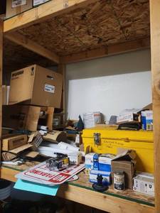lot 6750 image: Assorted Lot W Sylvania HID Lamps, Electrical Fittings, Yellow Metal Storage Box, and More