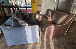 lot 9033 image: Brown Leather Sofa and Blue Suede Sofa
