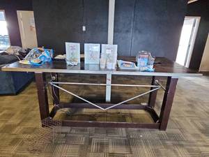 lot 9036 image: Assorted Lot W Bar Height Table, Acrylic Stands, QR Code Cards, and More