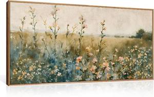 lot 151816 image: HLNIUC Vintage Watercolor Wildflower Landscape Horizontal Wall Art Framed, Large Retro Floral Wall Decor(20x40), Nature Wilderness Farmhouse Rustic Field Canva Painting for Living Room,Bedroom, Office
