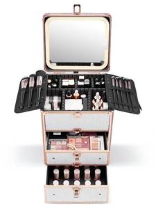lot 151835 image: Makeup Box with Double Drawers and A Detachable Lighted Mirror, Waterproof Travel Train Case, Cosmetic Organizer and Makeup Suitcase with Adjustable Dividers, Magnetic LED Mirror (Bright White)