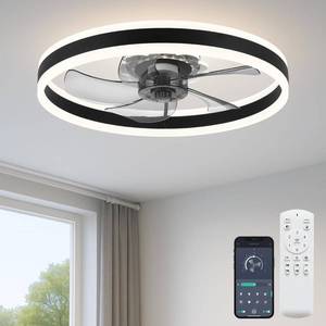 lot 151845 image: Ceiling Fan with Light, Upgraded 20 Low Profile Fan, Flush Mount Ceiling Fan, 6 Speeds, Dimmable LED, App & Remote Control, Quiet DC Motor, for Bedroom, Living Room, F105 Black-D