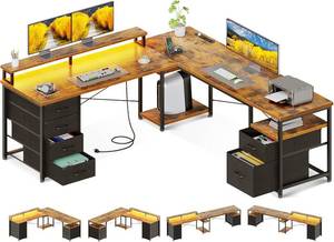 lot 251311 image: Retails for $170 AODK 66 L Shaped Computer Desk, 113 Reversible Home Office Desk with File Cabinet & 4 Fabric Drawers, Two Person Desk with LED Lights & Power Outlet, Corner Gaming Desk with Monitor Shelf, Vintage