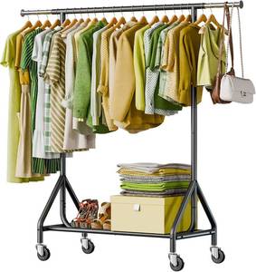 lot 251321 image: Clothes Rack Load 450 LBS, Heavy Duty Garment Rack, Standing Rolling Metal Hanging Clothes with Sturdy Wheels & Shelves, Black