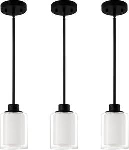 lot 251322 image: 1-Light Mini Pendant Light Fixtures, 3-Pack Modern Hanging Ceiling Lighting, Adjustable Height, Black Pendant Lamp with Dual Glass for Kitchen Island Bedroom
