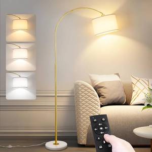 lot 251348 image: Arc Floor Lamp with Remote, Modern Standing Lamp for Living Room with Stepless Dimmable Bulb, Drum Shade, Foot Switch, Tall Floor Lamp for Farmhouse Bedroom Night Stand (Gold)