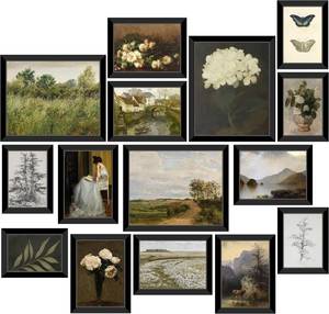 lot 251352 image: MAZUKO 15 Pcs Vintage Wall Art Decor FRAMED, Vintage Posters for Room, Eclectic Wall Art Prints, Bohemian, Eclectic, Rustic, Retro, Living Room, Bedroom, Office