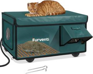 lot 251354 image: Outdoor Heated Cat House in Winter,Extremely Insulated & Weatherproof,Feral Cat Shelter with Waterproof Eaves & Escape Door for Outside Stray Barn Cat(Dark Green,25.6x16.5x13.4)