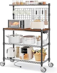lot 351411 image: Retails for $150 Leteuke Bakers Rack with Power Outlet & Storage, 36 Inch Microwave Stand Kitchen Cart, 4-Tier Metal Kitchen Shelves Cart with Wheels & 20 S-Hooks for Kitchen, NSF Certified, 63 x 18 x 36 Inch-Black