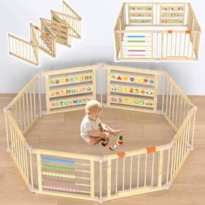 lot 351431 image: Retails for $120 Foldable Wooden Baby Playpen with Gate, Wood Baby Play Pen Play Yard with Educational Abacus, Alphabet Board, Shape Color Board & Child Proof Lock, Wood Playpen for Babies and Toddlers 57 57 23 inch