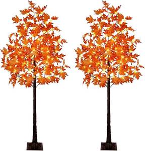 lot 351438 image: Set of 2 6FT 120LED Artificial Lighted Maple Tree Warm White Fall Decorations Indoor Ourdoor, Orange
