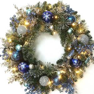 lot 351440 image: 24 Inch Christmas Wreath for Front Door Artificial Christmas Wreath Decor with Blue Ornaments, Silver Berries & Snowflakes, Perfect for IndoorOutdoor Christmas Holiday Decor