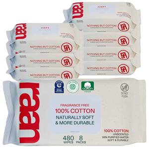 lot 351441 image: Raan, 100% Cotton Baby & Toddler Wipes, Unbleached, 99% Purified Water, Unscented, EWG verified, Made for Sensitive Skin, Extra Soft and Durable, 8 pack, 480 Count
