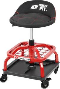 lot 451821 image: Retails for $113 Rolling Shop Stool with Wheels, Garage Work Mechanic Stool with Backrest, Roller Mechanic Chair, Adjustable Height, 360 Swivel, Tool Tray Storage, 330 LBS Capacity, Heavy Duty, Red
