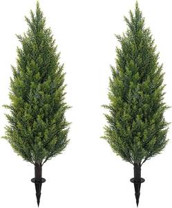 lot 451829 image: 3FT Artificial Cedar Topiary Trees with Ground Spike, Set of 2 Faux Cypress Plants UV Resistant Artificial Pine Shrubs Fake Bushes for Outdoor Indoor Front Porch Garden