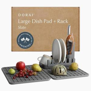 lot 451836 image: Retails for $156 Dorai Home Collapsible Dish Drying Rack and Stone Dish Pad Large Foldable Drying Rack with Instant - Dry Stone Mat Space-Saving Drainer Rack for Kitchen Counter - 24.6 x 16.5, Slate