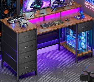 lot 451847 image: 47 Inch Computer Gaming Desk with Power Outlets LED Lights Reversible Home Office with Adjustable Fabric Storage Drawers for Working Writing Study, Rustic Brown
