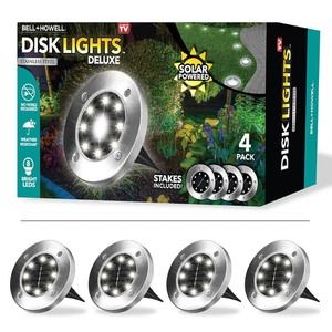 lot 4253048 image: Bell  Howell Solar-Powered Disk Lights - Outdoor Path Lights with 8 LED Bulbs  Brushed Steel - 4PK MSRP $19.19