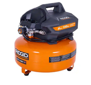 lot 4253069 image: 6 Gal. 150 PSI Portable Electric Oil-Free Jobsite Pancake Air Compressor with Dual Pressure Gauges and 2-Quick Couplers MSRP $120.00