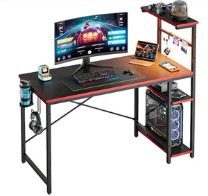 lot 4253070 image: 44 in. Rectangular Black Carbon Fiber Gaming Desk with RGB LED Lights Computer Desk with 4 Tier Storage Shelves and Hook MSRP $ 79.00 (See Pictures and Description)